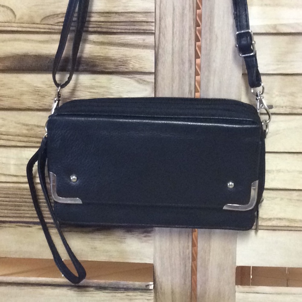 BLACK LEATHER Double Zip Ring Crossbody Wallet On A String NWOT - Picture 7 of 10